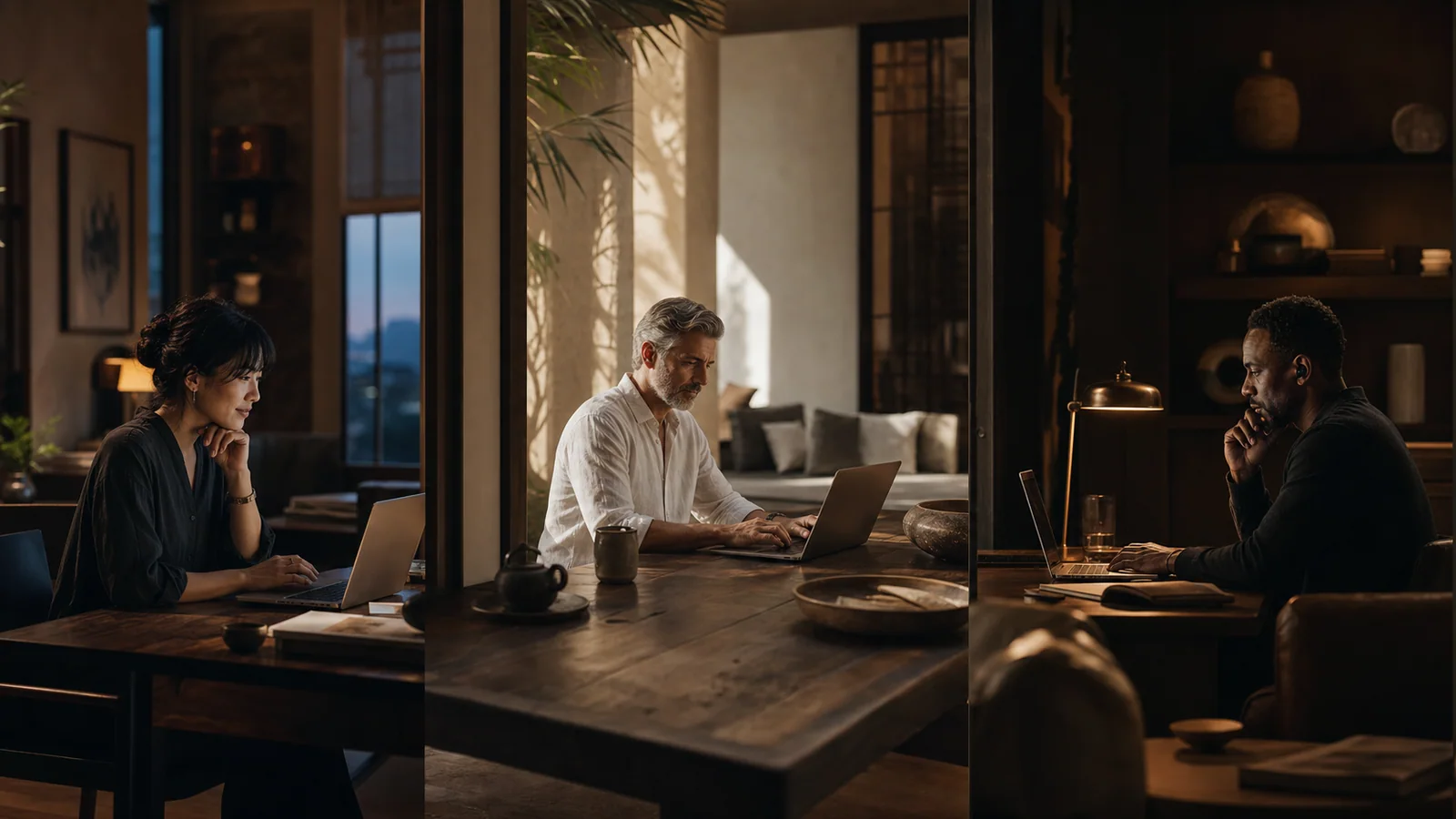 Three hospitality operators working in warm, focused evening settings