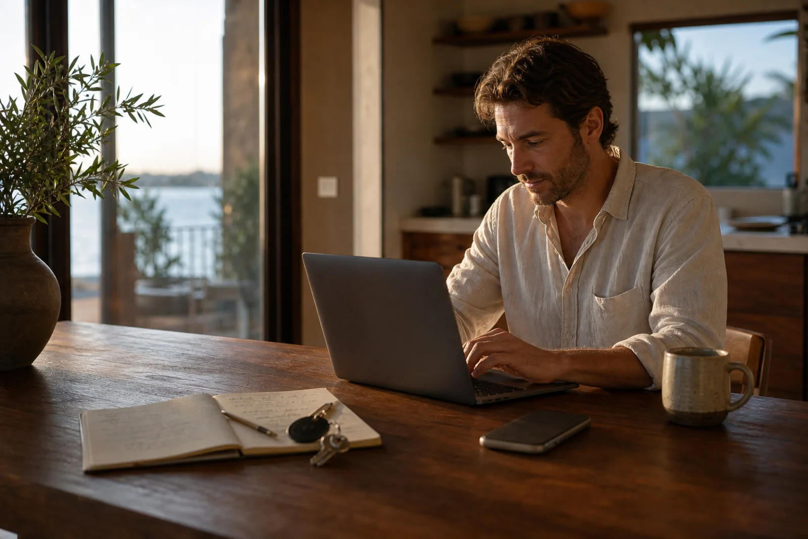 A property operator writing a guest reply on a laptop at a vacation-rental dining table