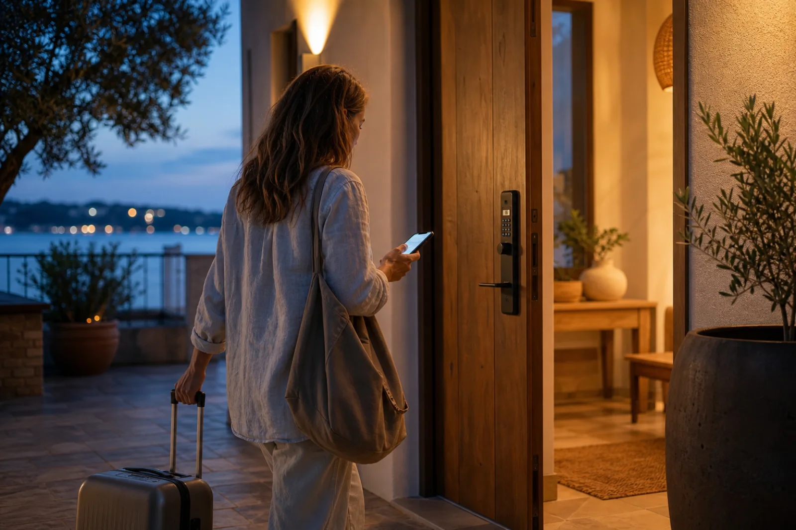 A guest checking arrival guidance on a phone beside the smart lock of a warmly lit rental