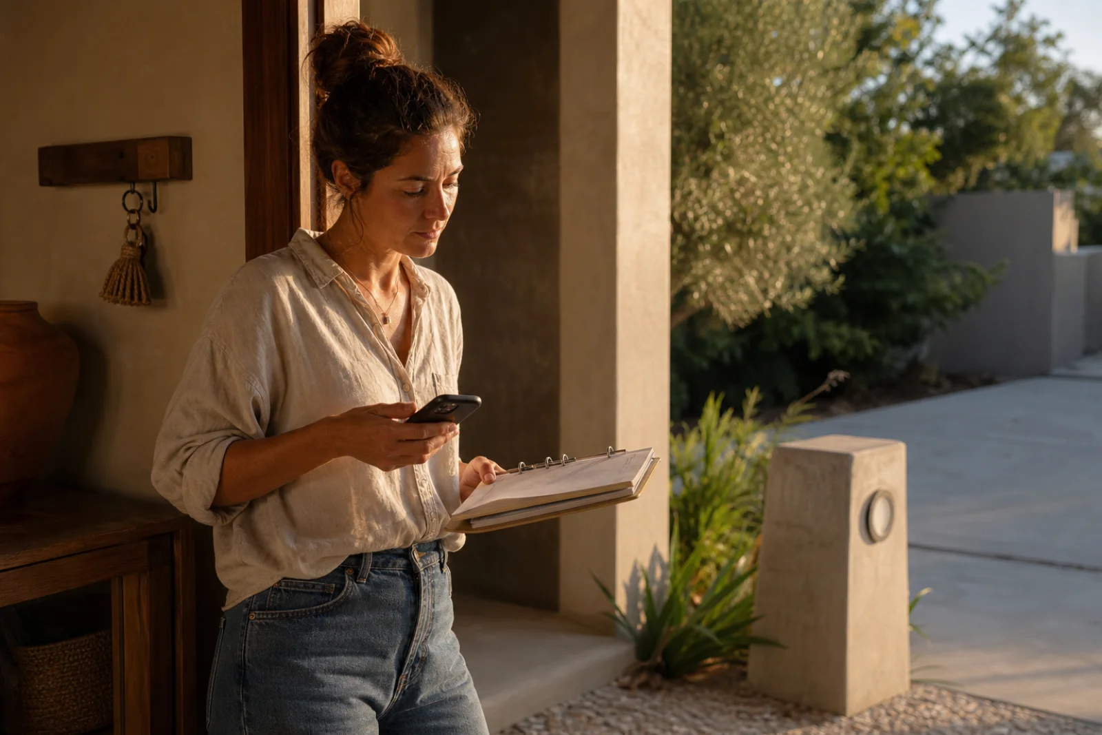 A property operator comparing a phone message with printed property information near a rental entrance