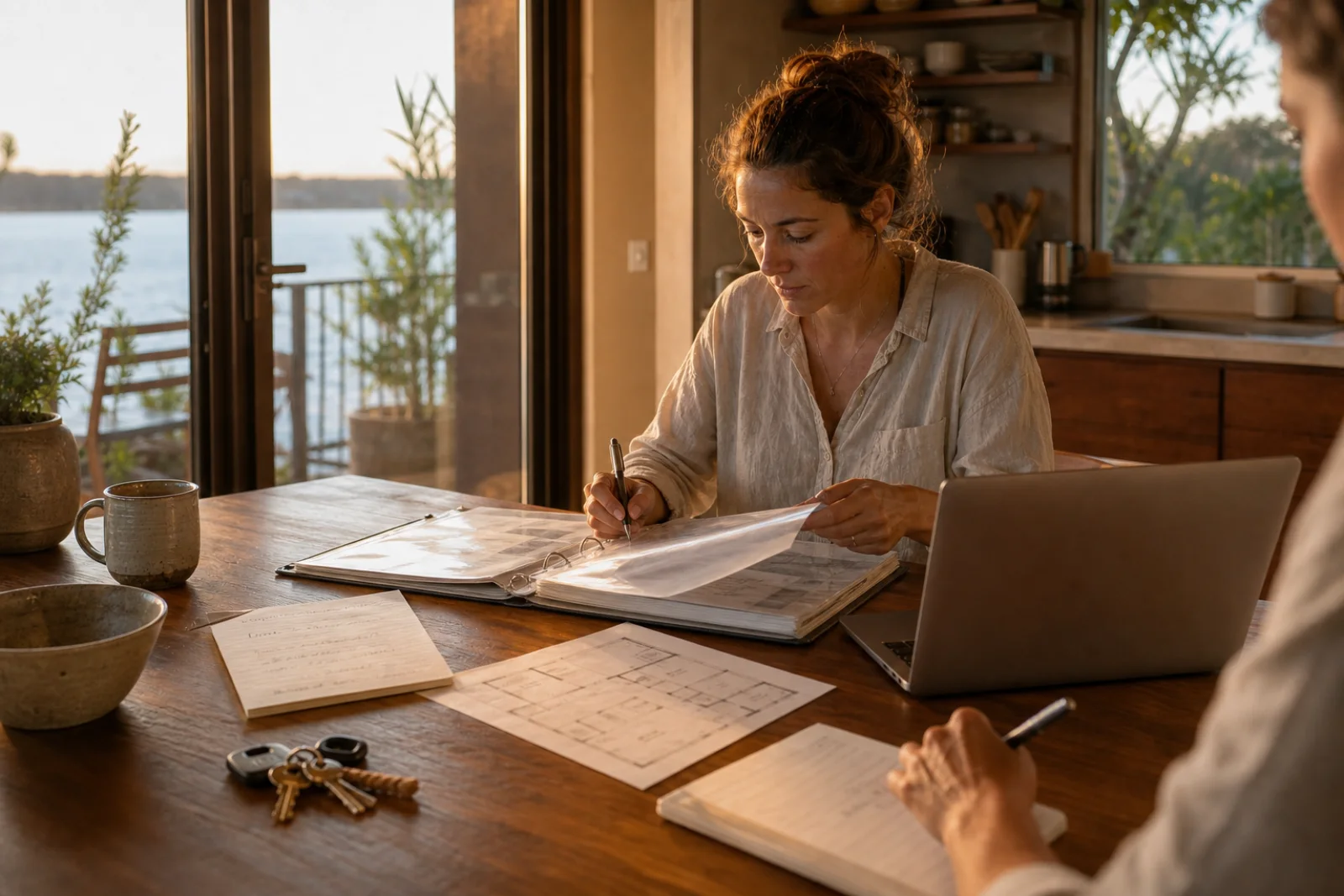Hospitality operators reviewing property facts, floor plans, and arrival information together