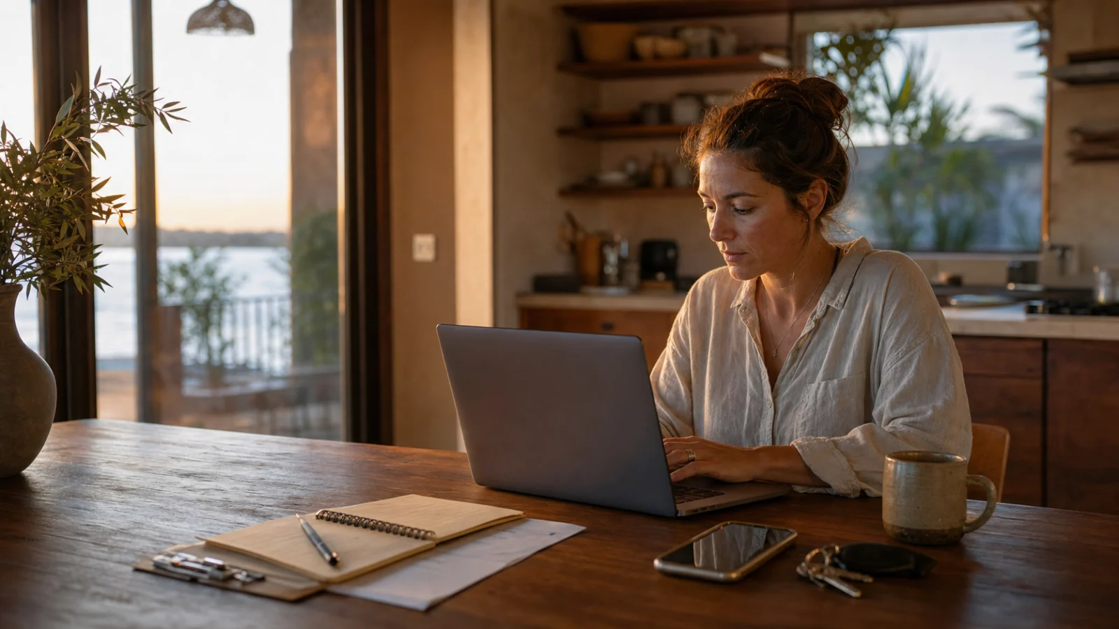 A vacation-rental property manager reviewing guest messages on a laptop at a walnut table during golden hour