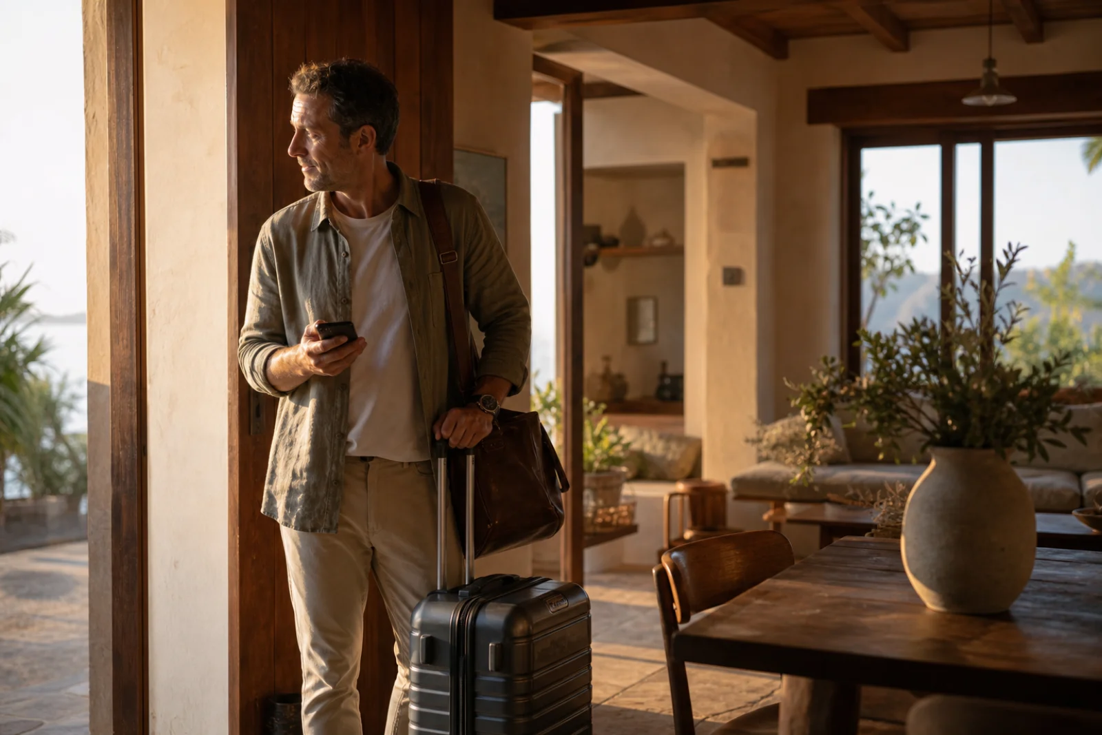 A departing guest checking a phone beside packed luggage at a golden-hour vacation rental