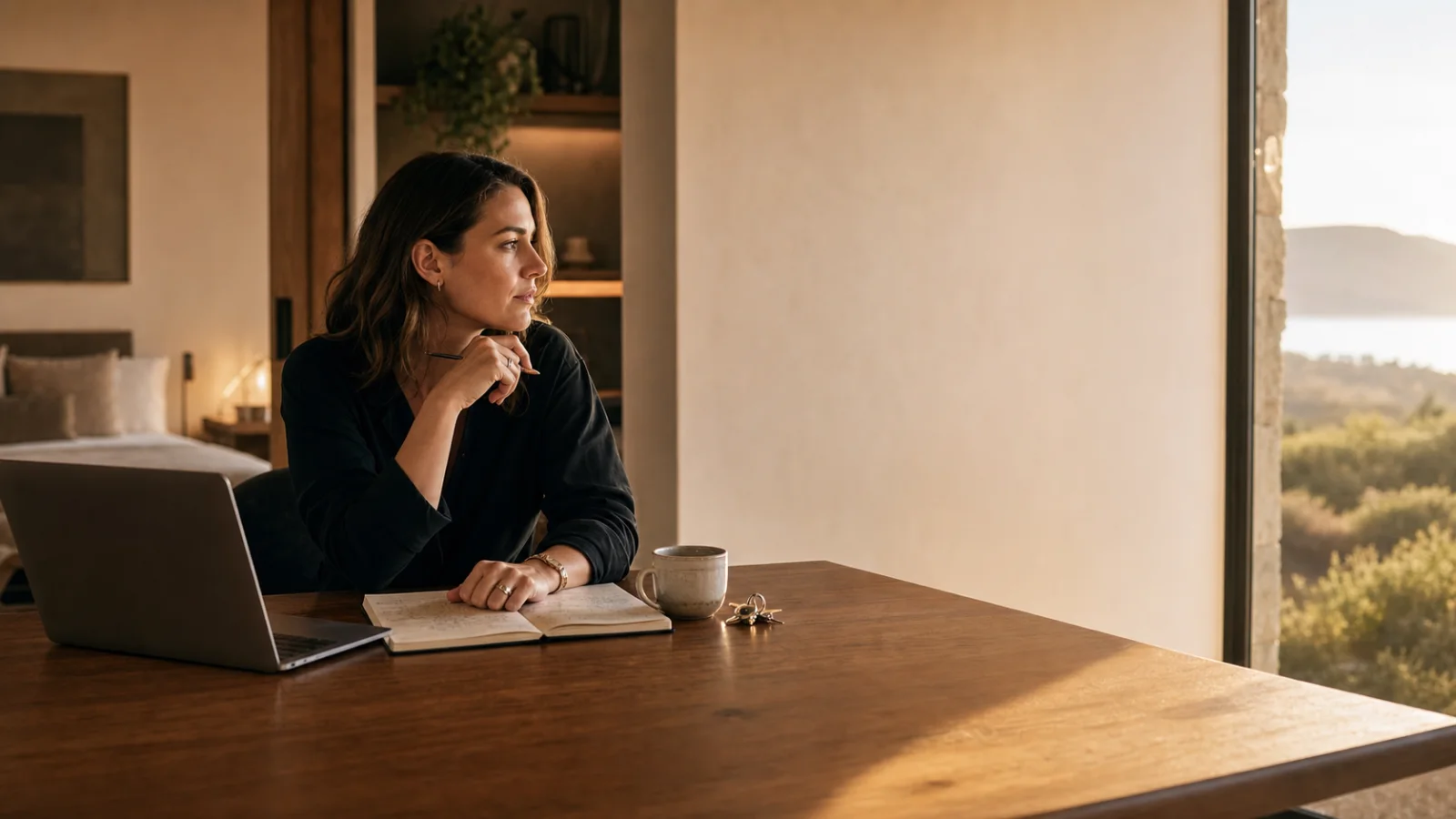 A hospitality specialist reviewing property notes beside a keyring in a warm rental interior