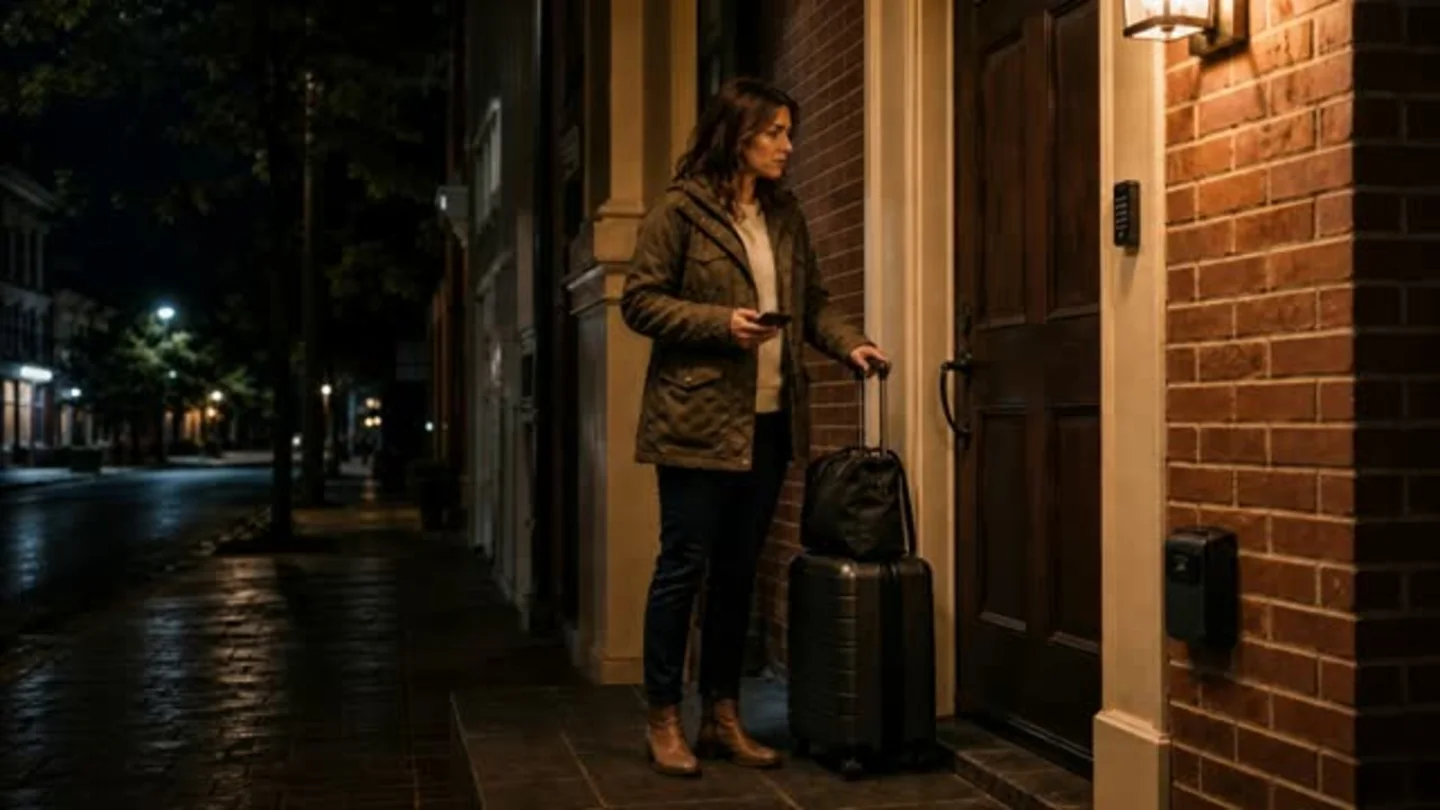 A vacation rental guest with luggage waits beside a locked front door at night after her entry code fails