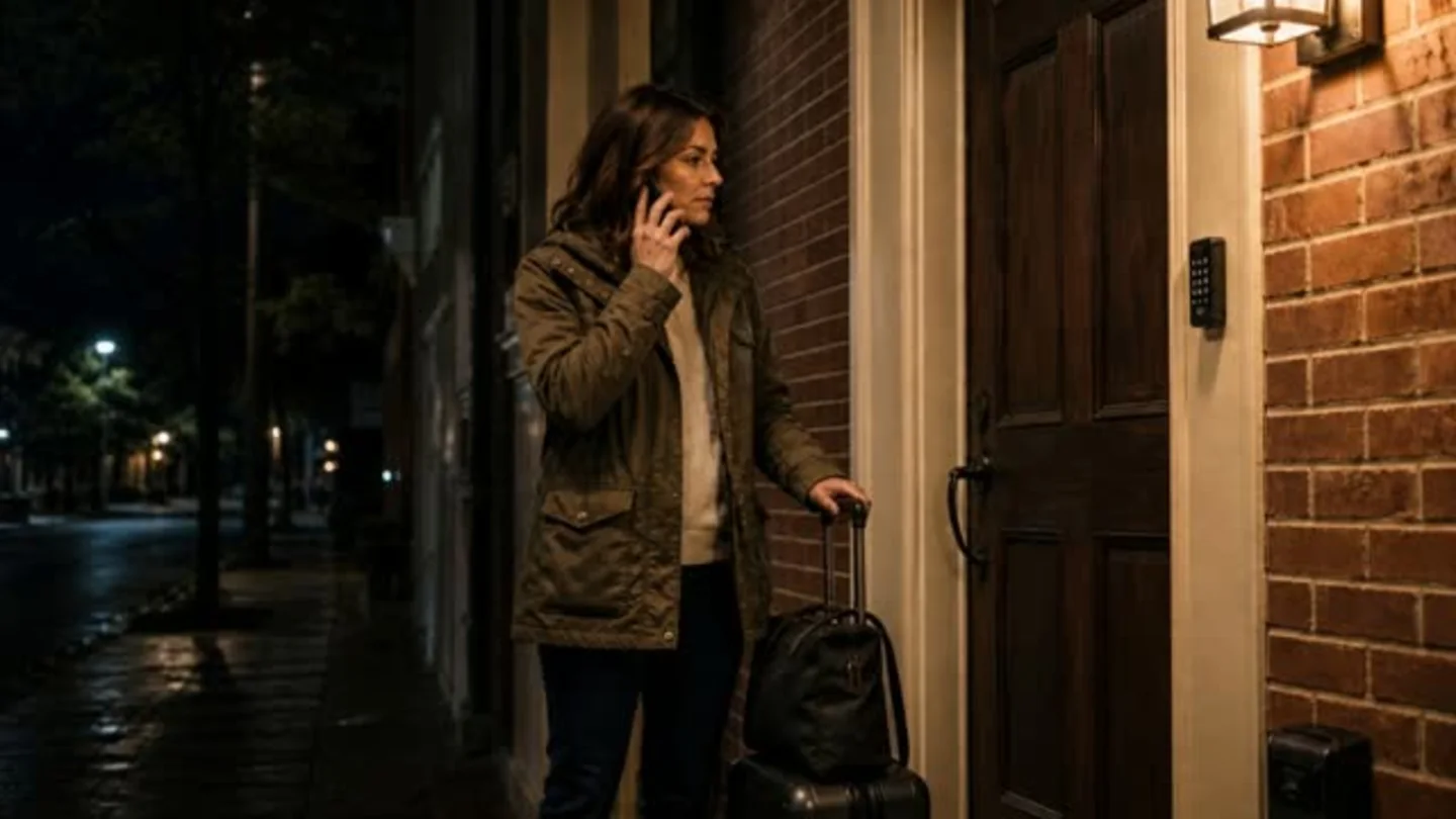 The guest calls for help beside the locked door while her reservation and access instructions are verified