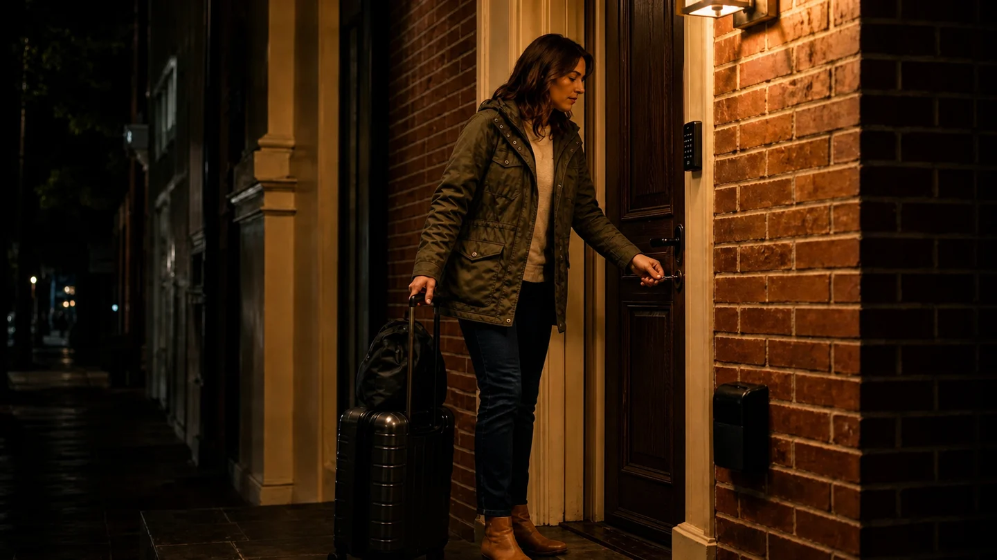 The guest inserts an approved spare key into the rental door while the Advantage specialist stays connected