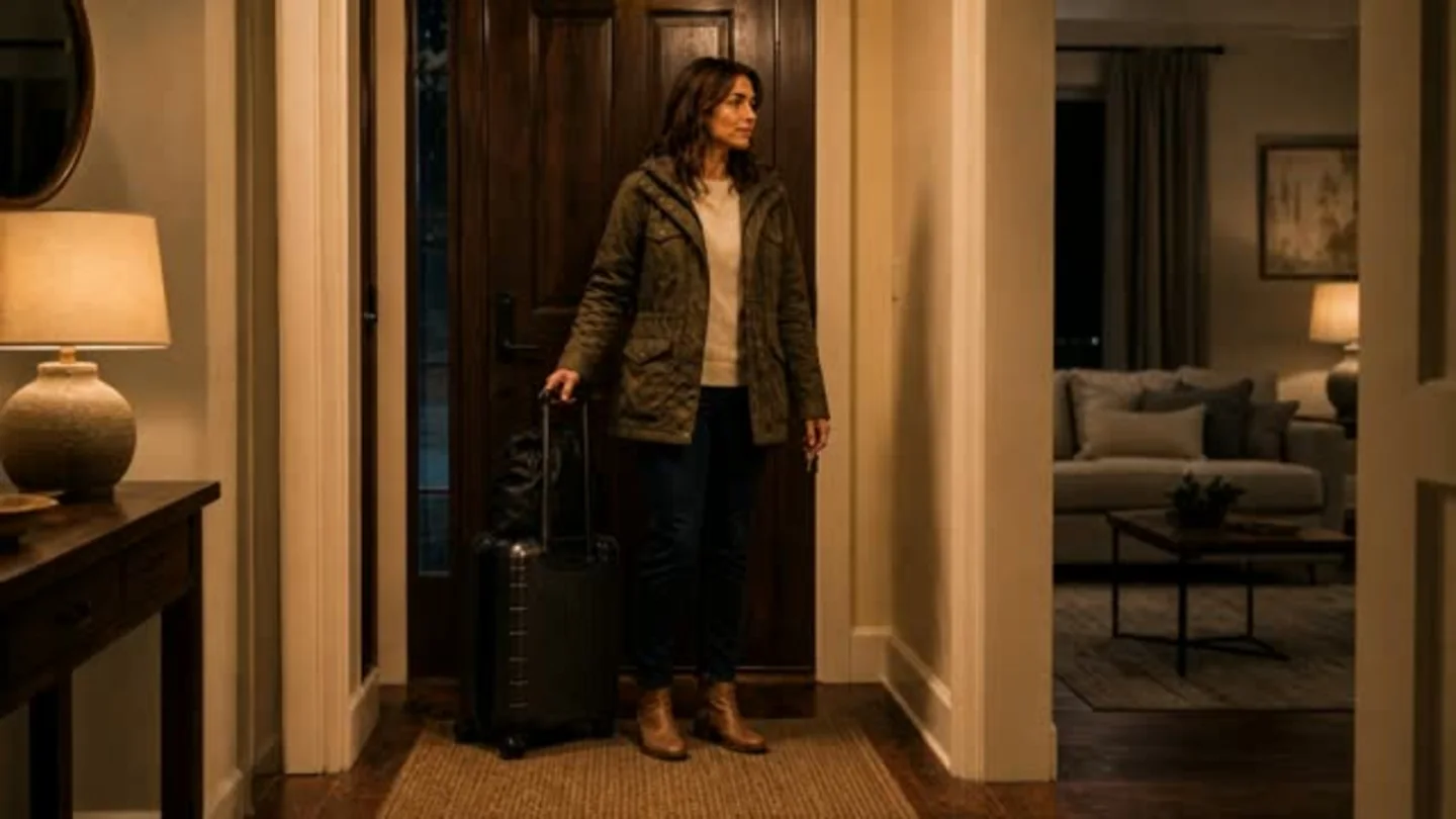 The guest steps safely inside the vacation rental with her luggage after the late-night lockout is resolved