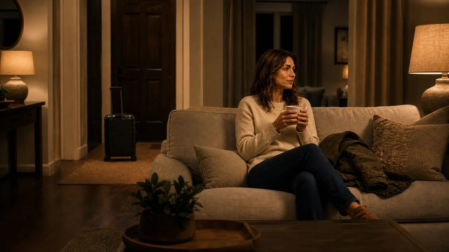 The guest relaxes on a sofa with a warm drink after reaching the vacation rental safely