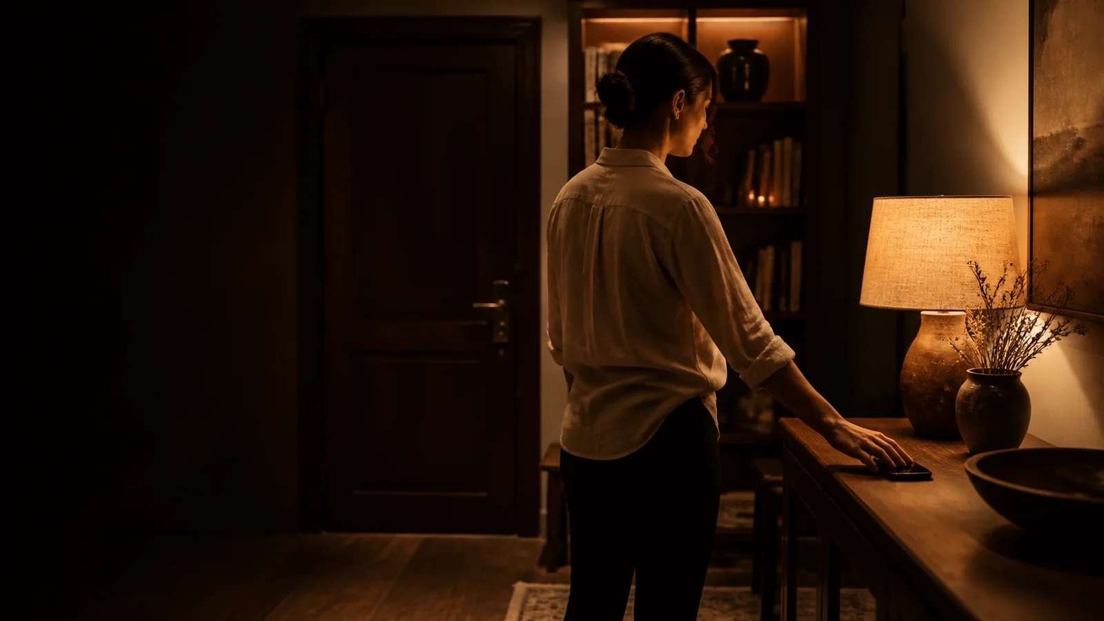 A hospitality operator setting down a phone for the night beside a warm lamp and a securely closed door