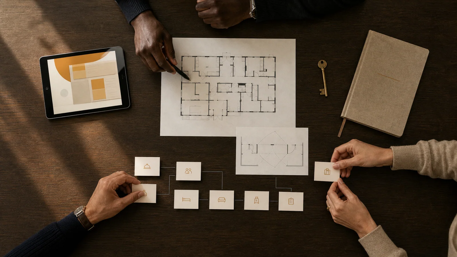A team mapping property rules, guest moments, and handoffs around a table